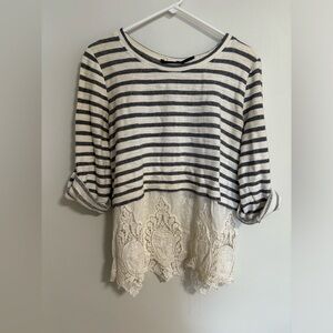 white gray striped lace boutique blouse top with button detail